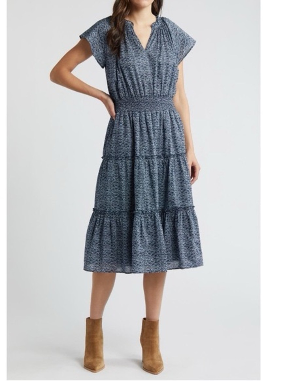 Rails Amellia Dress - Smocked Waist Blue Midi Dress with Cap Sleeves